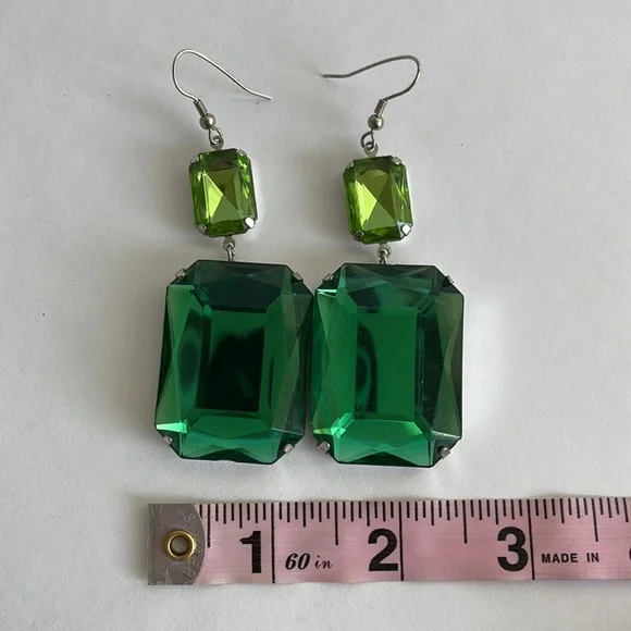 Large Shades of Green Bejeweled Dangle Earrings - Picture 4 of 5